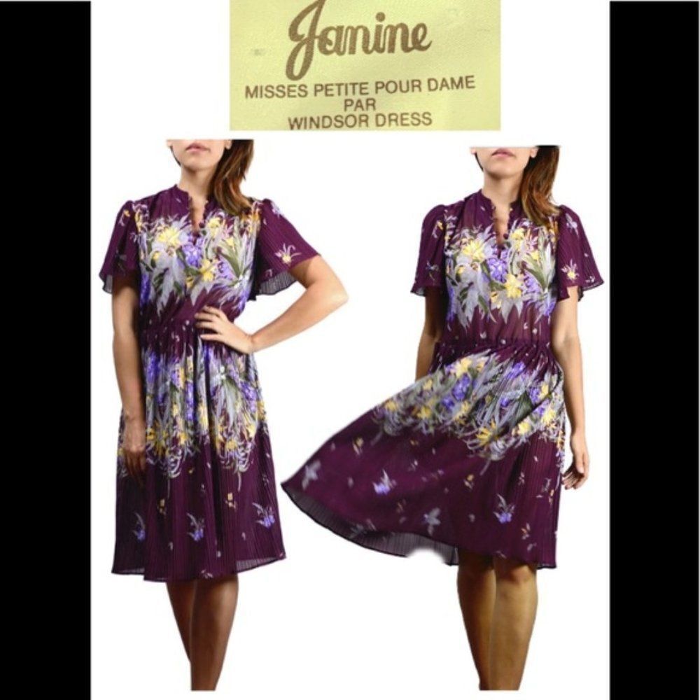 Vintage Janine burgundy maroon pleated floral flower short sleeve dress